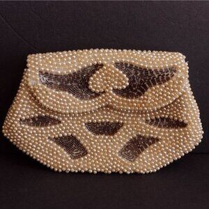 Vtg La Regale Japan Faux Pearl Beaded Clutch Evening Purse Cream Silver Beads